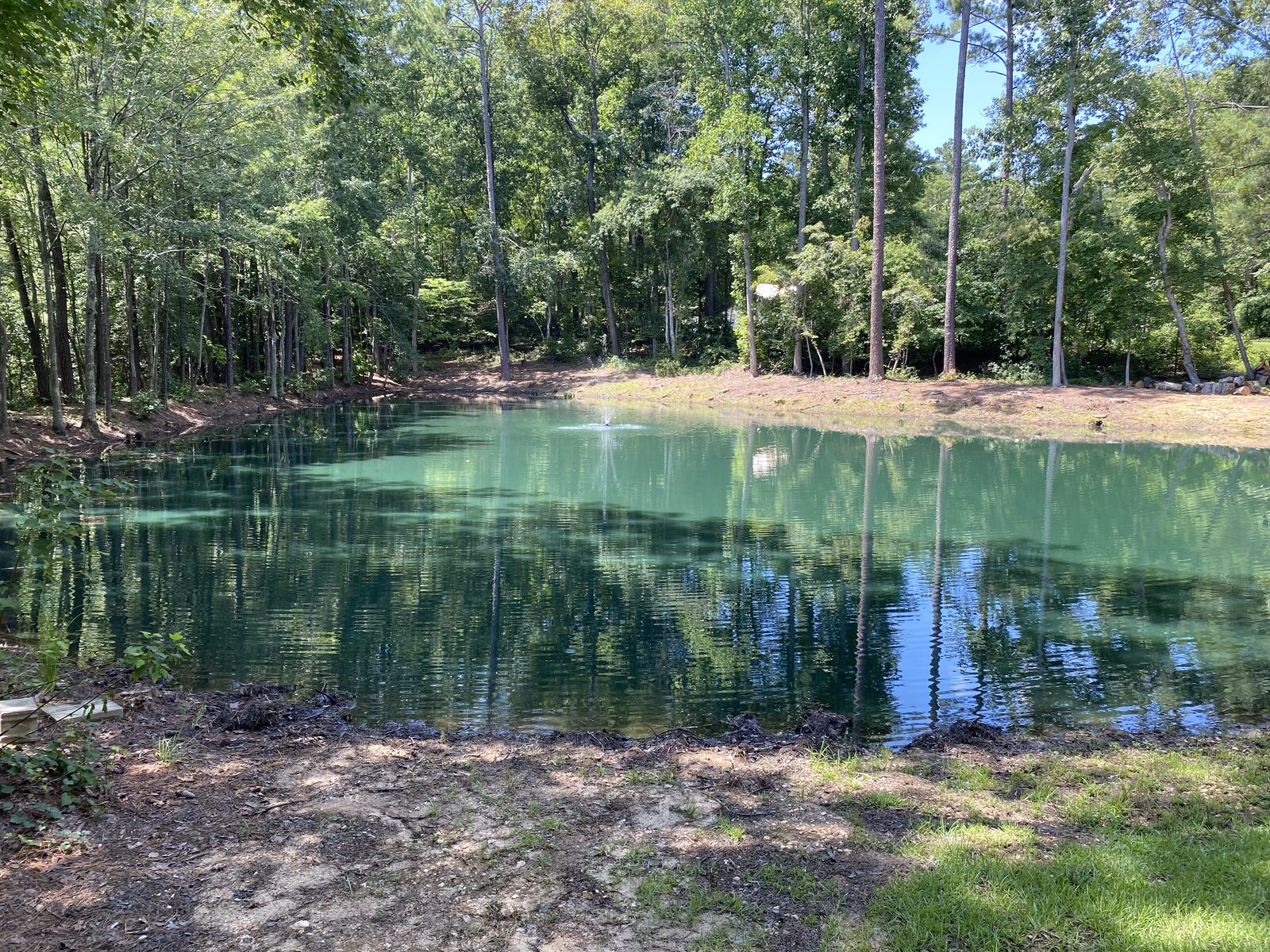 Same 0.32-acre pond with fountain running over clear open water after treatment